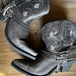 Laredo Sequin Black Silver Jett Fringe Cowboy Booties